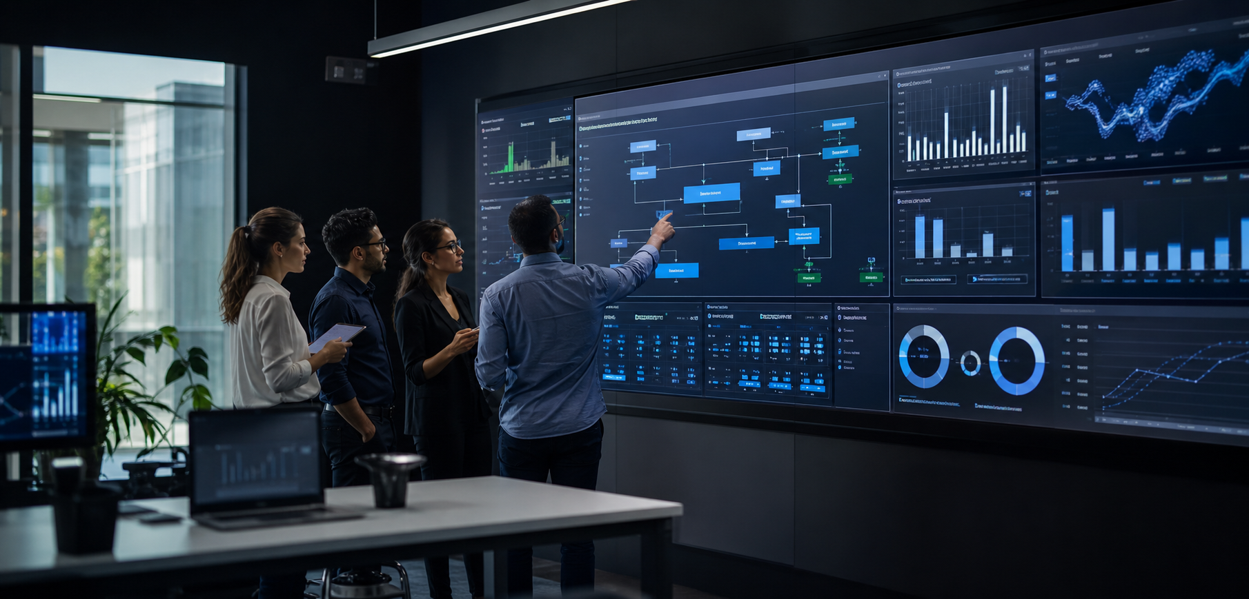 A technology team reviewing AI workflows and business reporting dashboards.