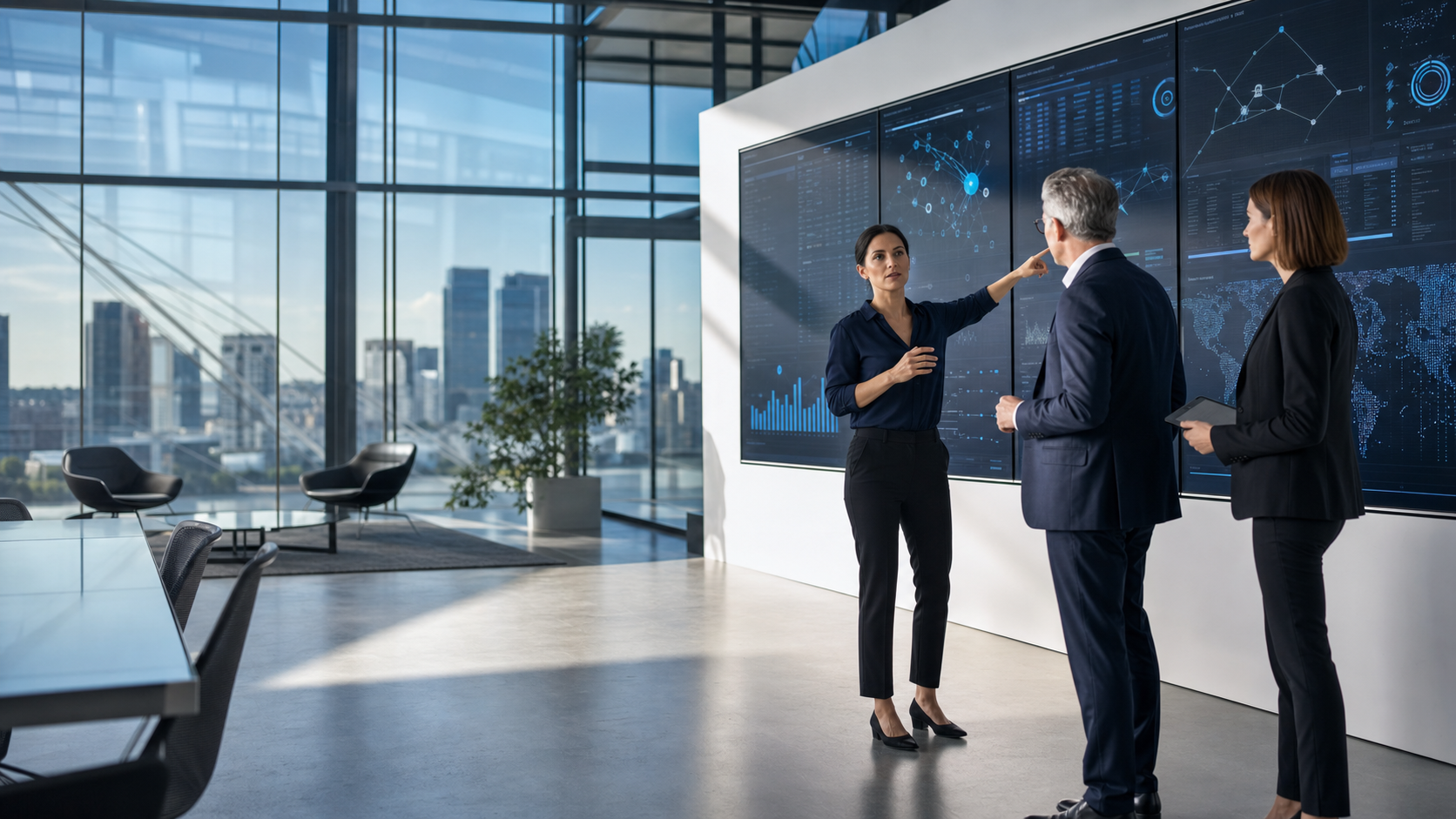 Technology strategist presenting a business systems plan in a contemporary studio.